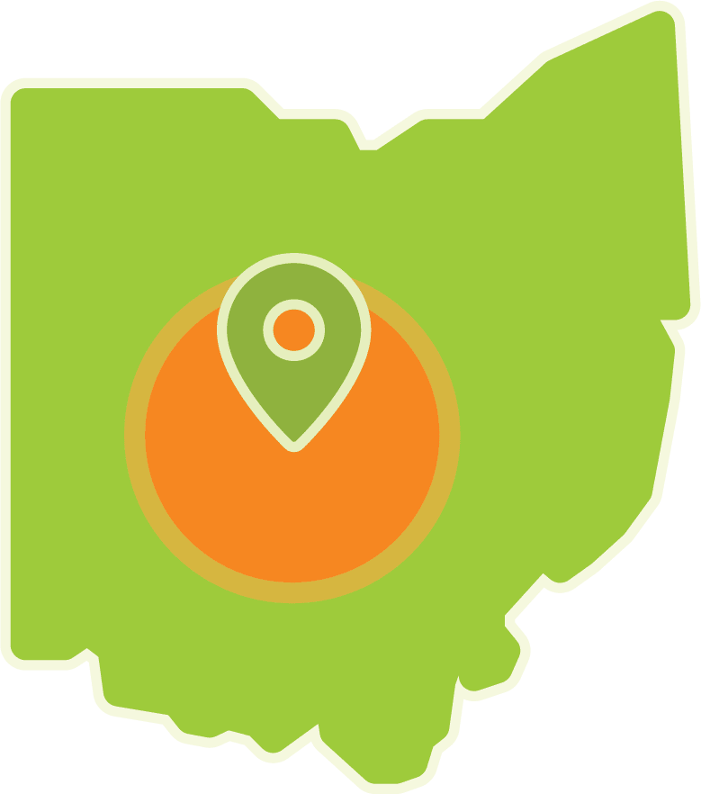 State of Ohio graphic with a location pin in the middle of the state.