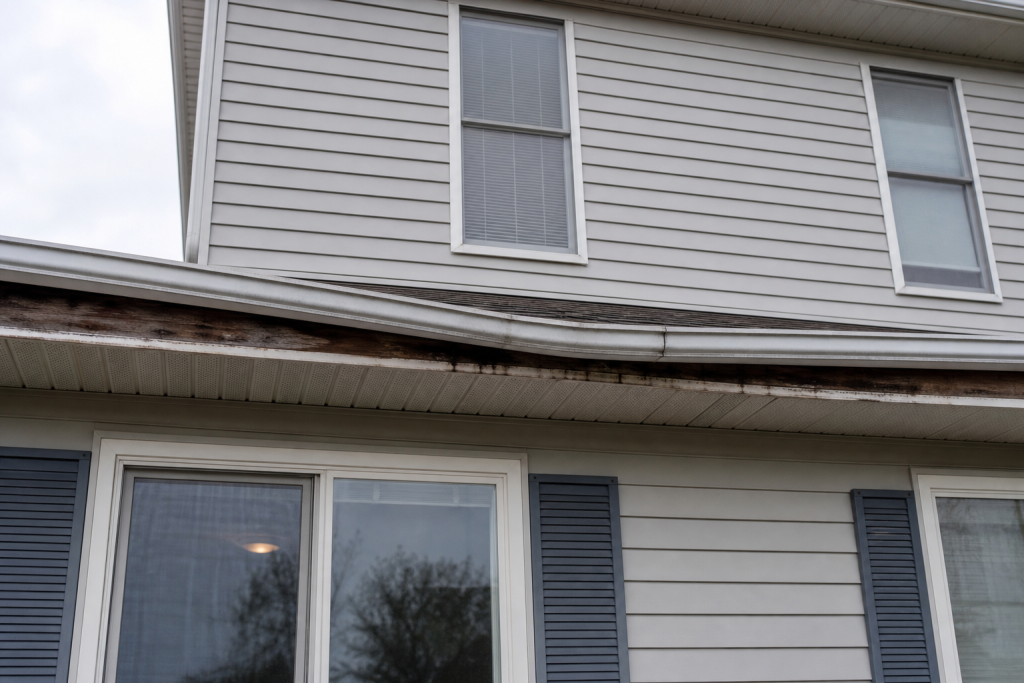 Aluminum gutter sagging and separating from the fascia of a two-story home, with dark water staining and rot along the exposed wood.