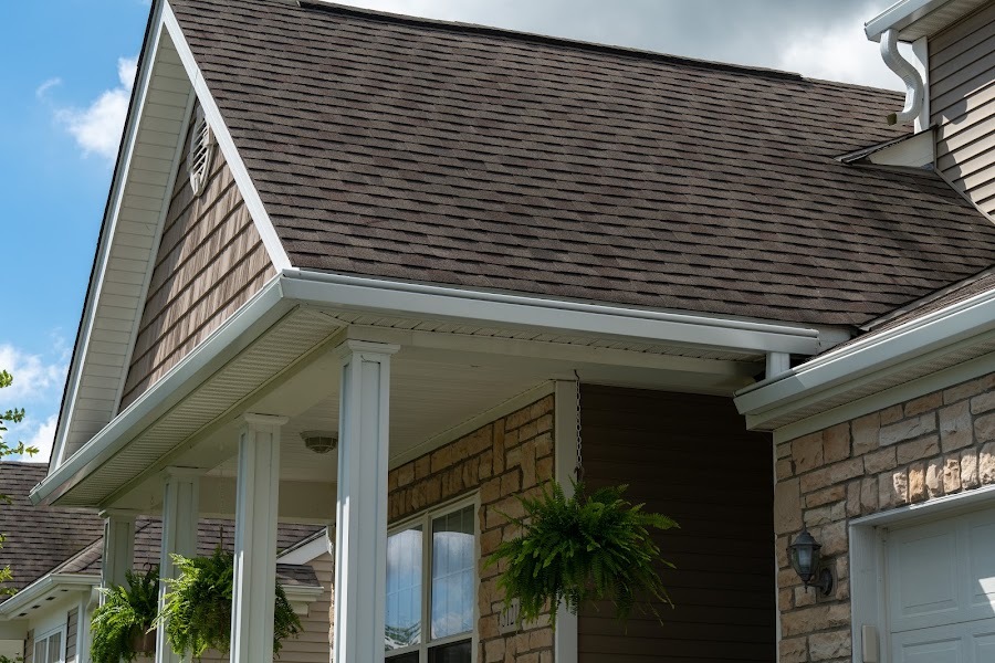 Close-up of a hooded gutter running along the roof edge of a Central Ohio home.