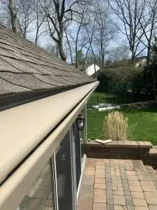 Close-up of a hooded gutter running along the roof edge of a Central Ohio home.