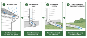 Diagram showing rainwater flow from roof downspout into extension and discharging away from foundation