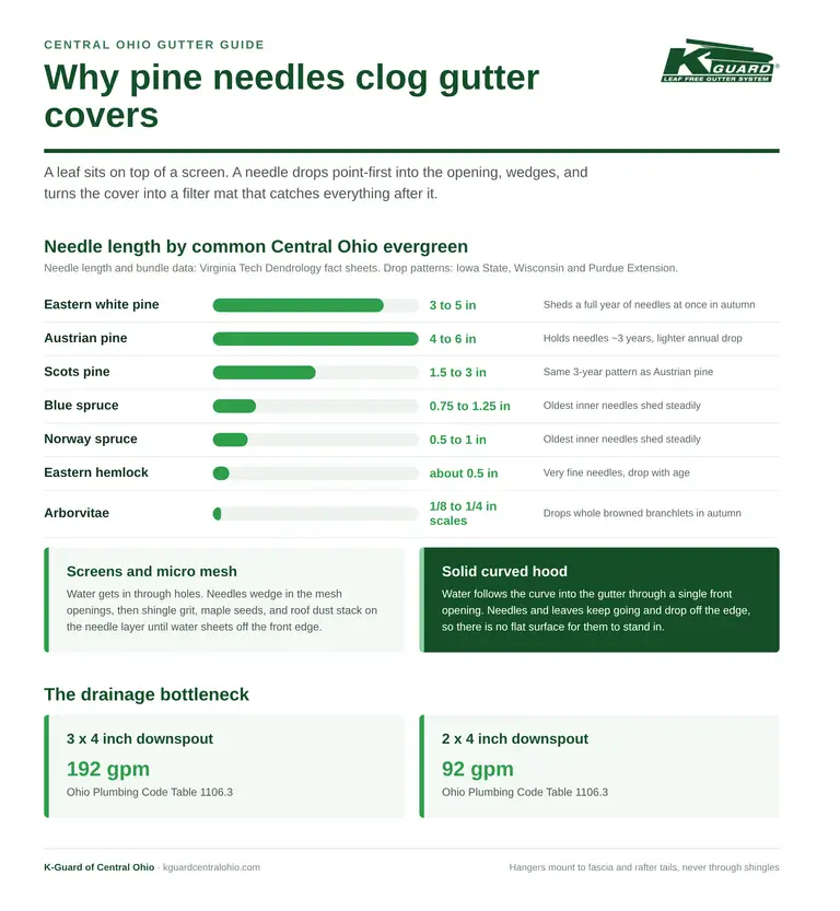 Infographic showing needle length by Central Ohio evergreen and how mesh gutter covers clog with needles